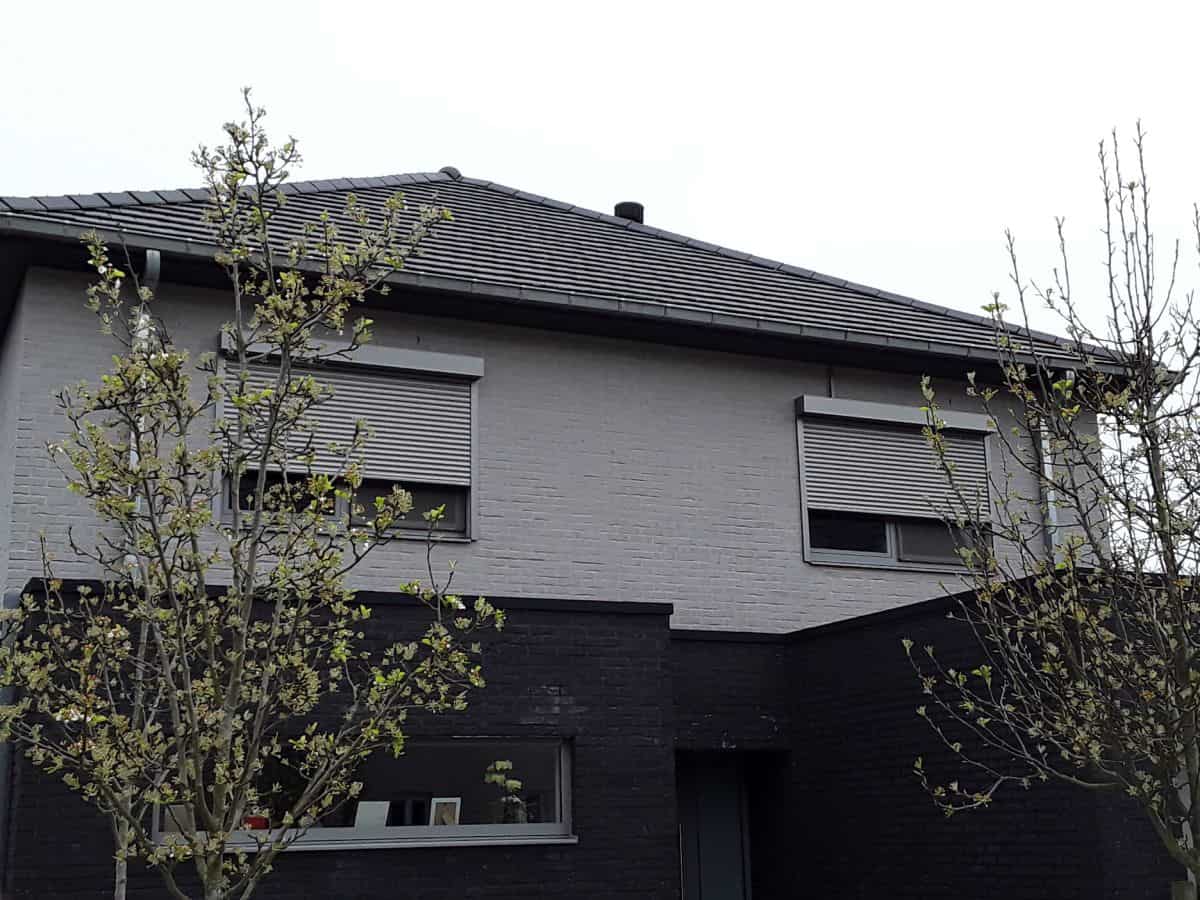Modern huis met zwart-witte gevel, rolluiken en jonge bomen met beginnende bladeren.