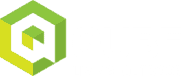 Logo met groene/geel hexagon en witte letters “QUBE” op zwart; ondertitel “LIVING OUTDOOR”