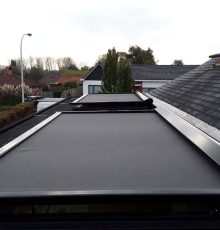 Dakramen met zwarte Verandazonwering op een schuindak in een woonwijk met bomen en huizen.