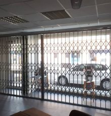 Binnenzicht op ruimte met glazen gevel en metalen veiligheidsscherm, witte auto buiten geparkeerd.